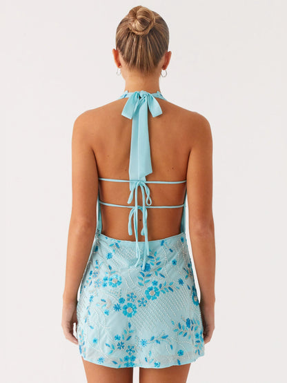 Blue mini homecoming dress, alternate view showing the dress shape and hem
