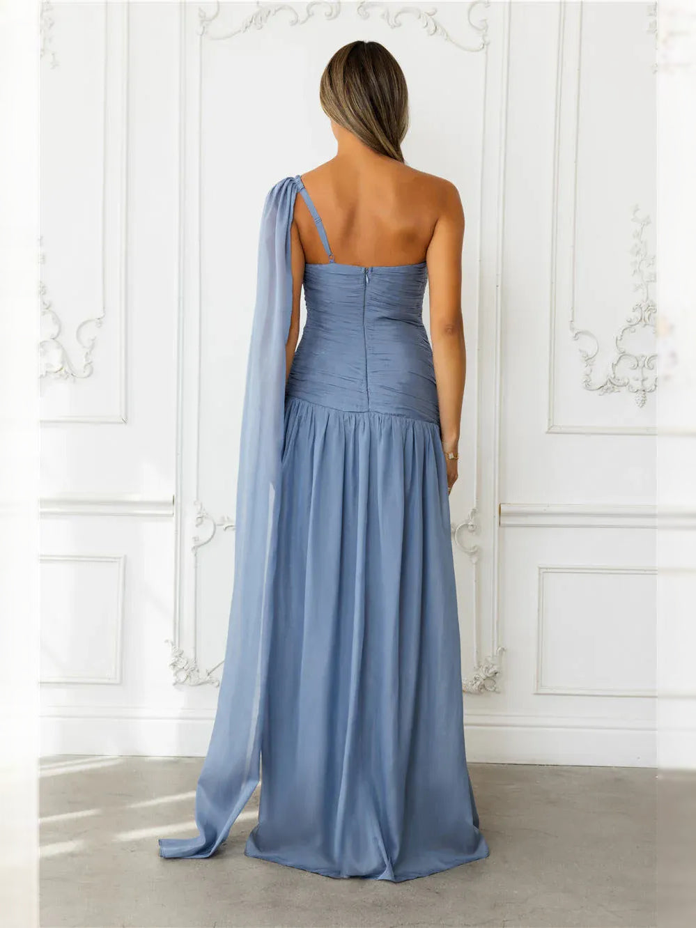 Dusty Blue maxi prom dress, alternate view showing the dress shape and hem