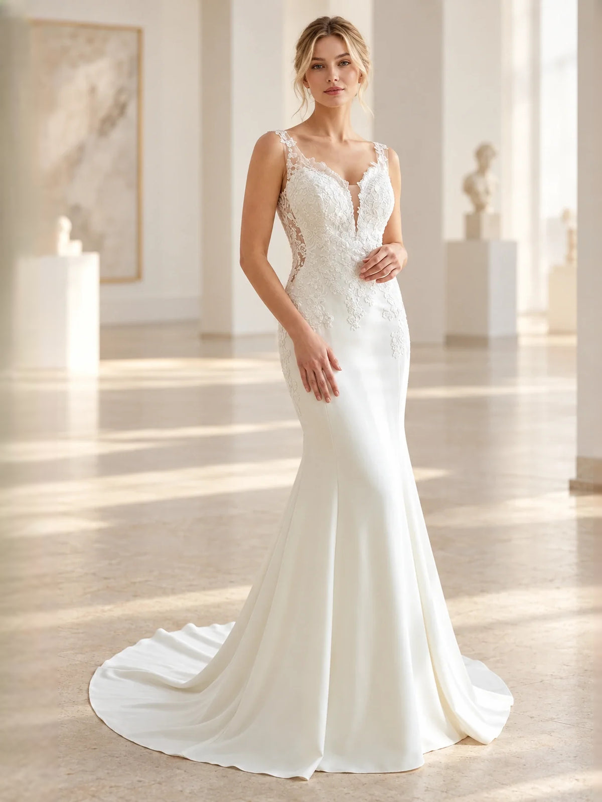 Ivory floor-length wedding dress, alternate view showing the dress shape and hem