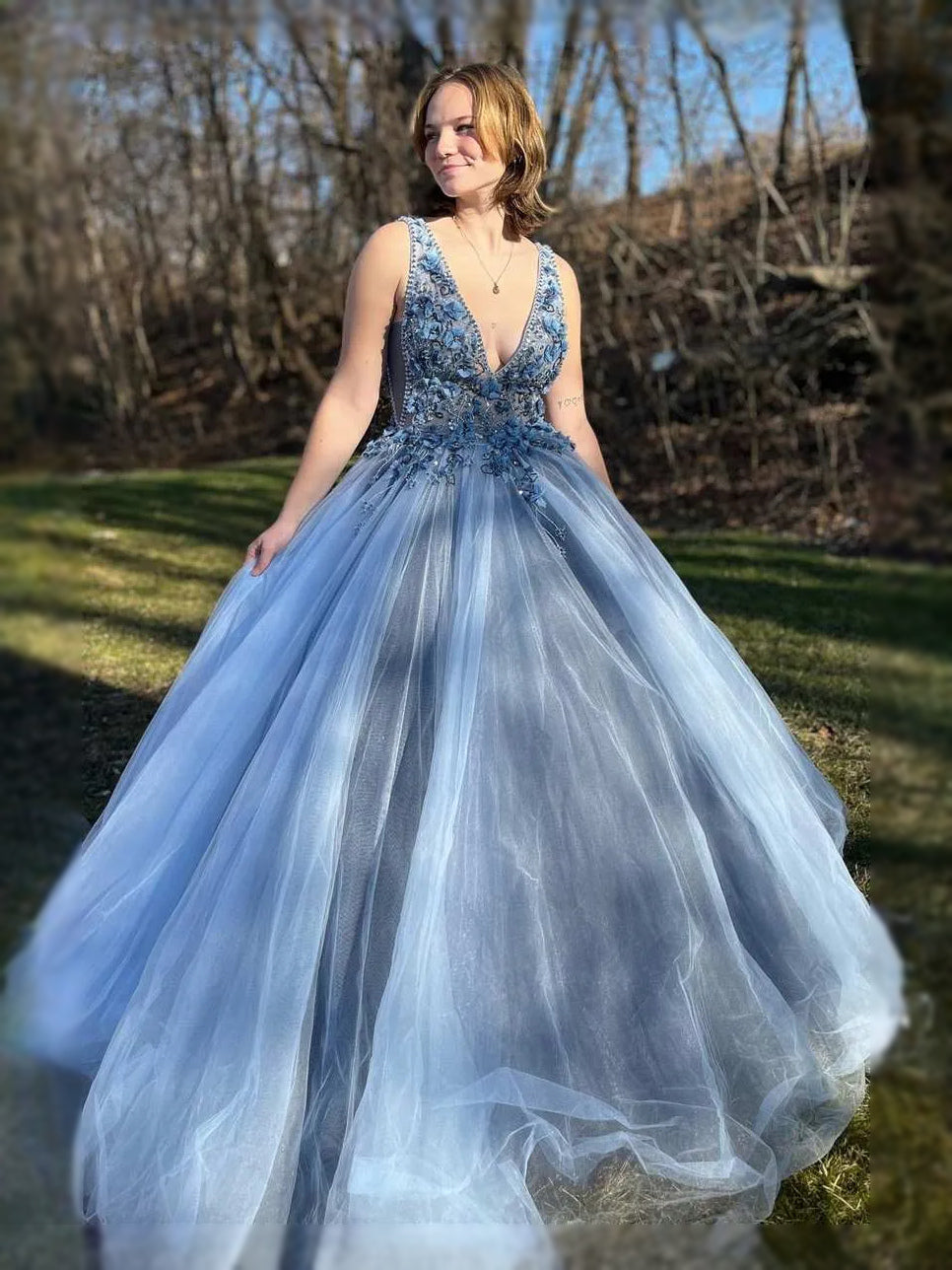 Dusty Blue maxi prom dress, alternate view showing the dress shape and hem