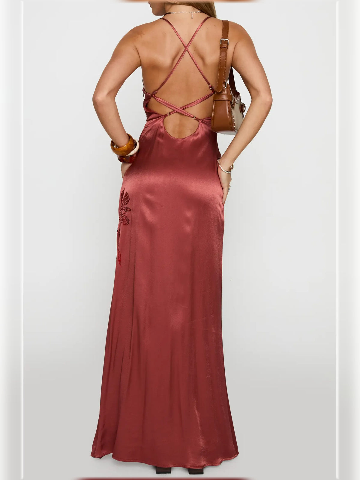 Red mermaid floor-length formal dress with embroidery, alternate view