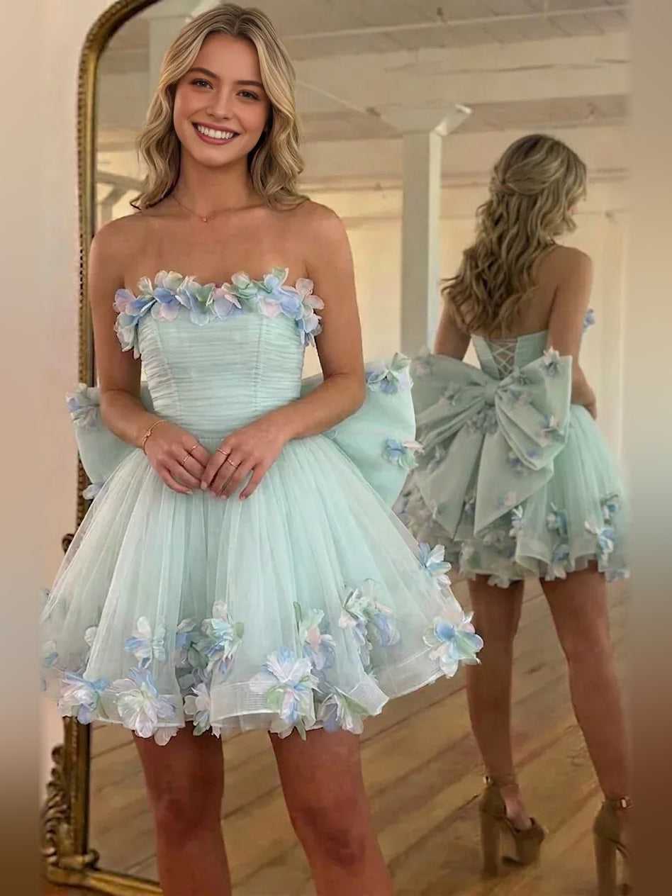 Ice Blue mini homecoming dress, alternate view showing the dress shape and hem