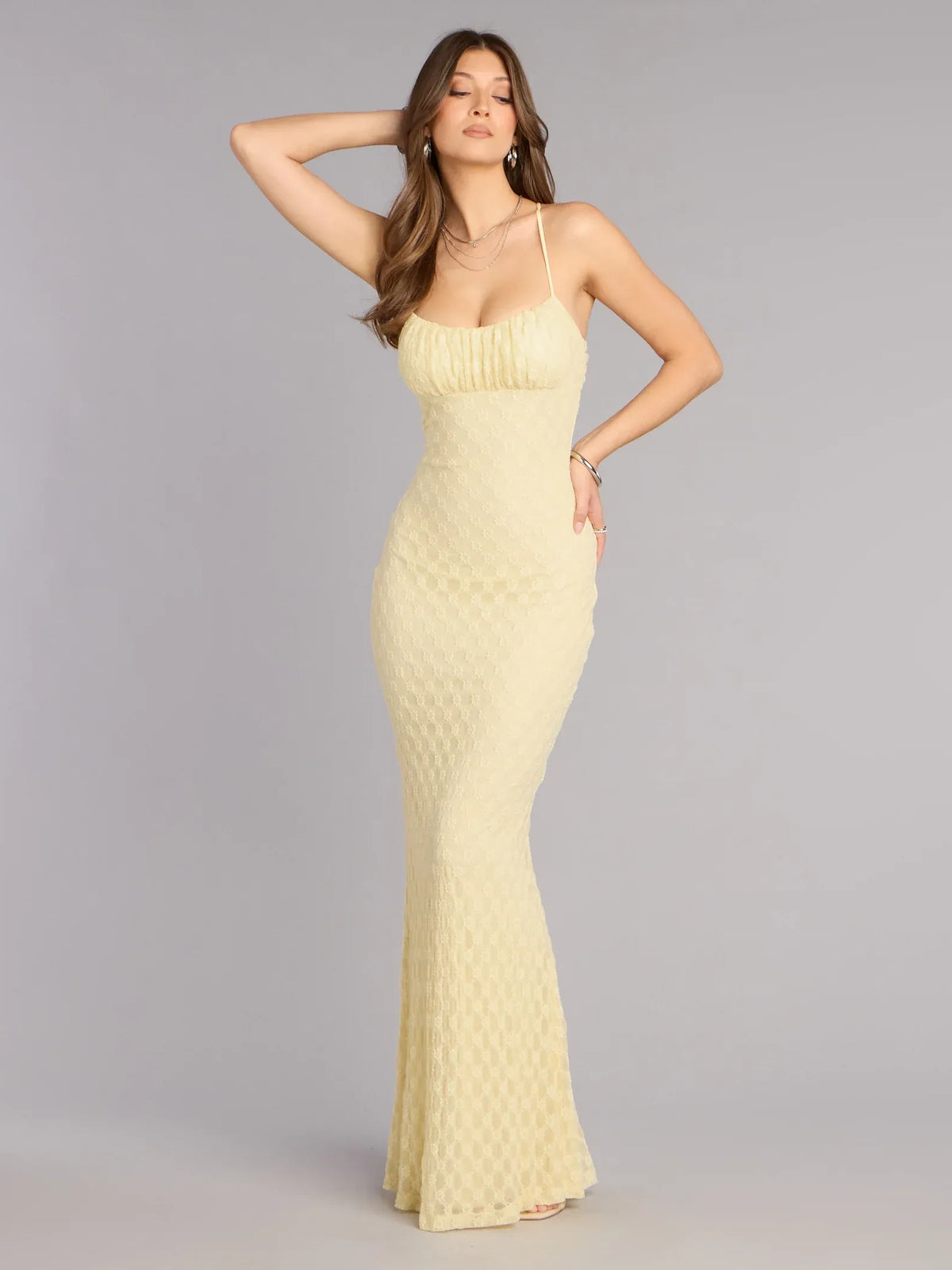 Yellow mermaid floor-length formal dress with ruching, alternate view showing the bodice