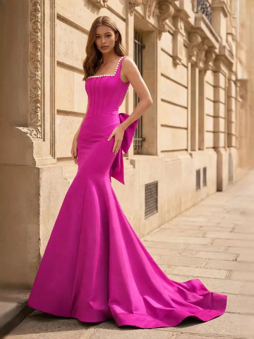 Fuchsia floor-length prom dress, alternate view showing the dress shape and hem
