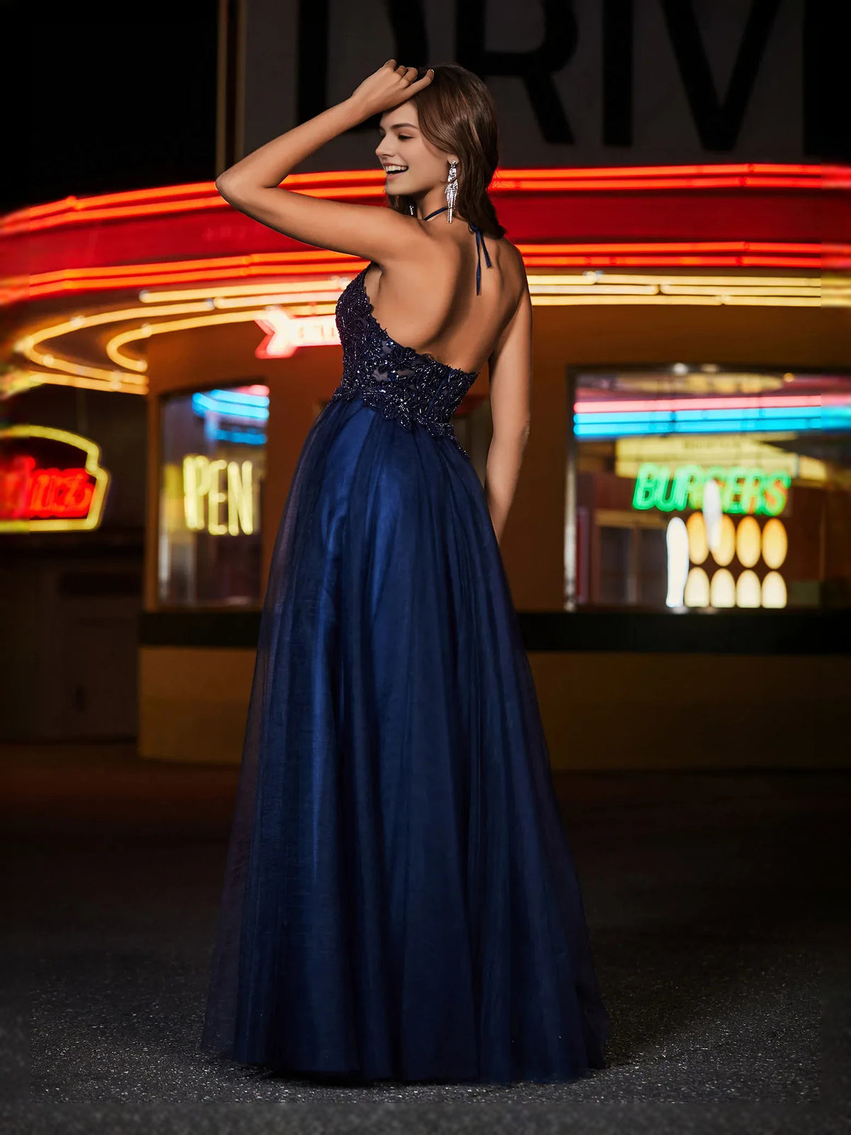 Navy Blue floor-length prom dress, alternate view showing the dress shape and hem