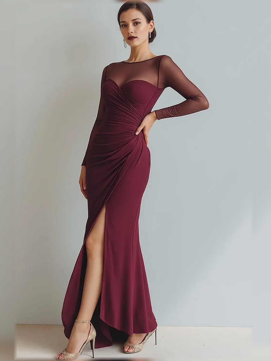 Burgundy sheath floor-length formal dress with ruching, alternate view
