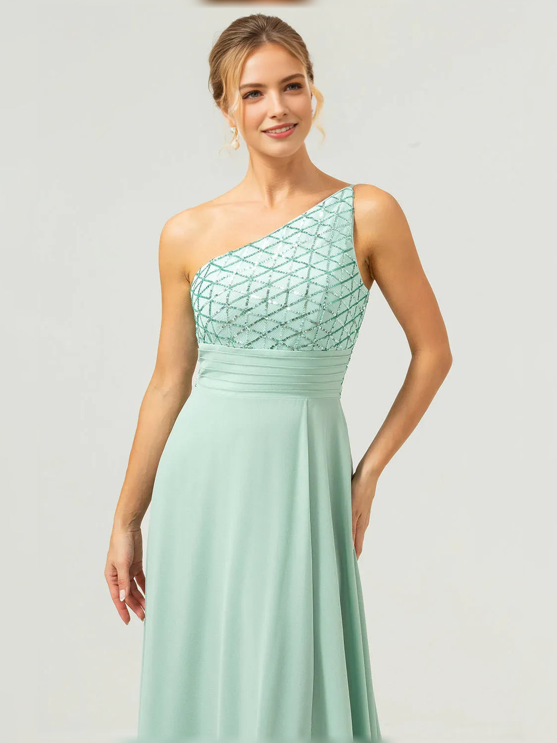 Mint Green a-line floor-length formal dress with pleated skirt, alternate view