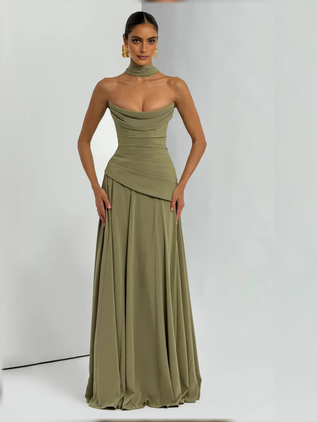 Dusty Sage a-line floor-length formal dress with draping, alternate view