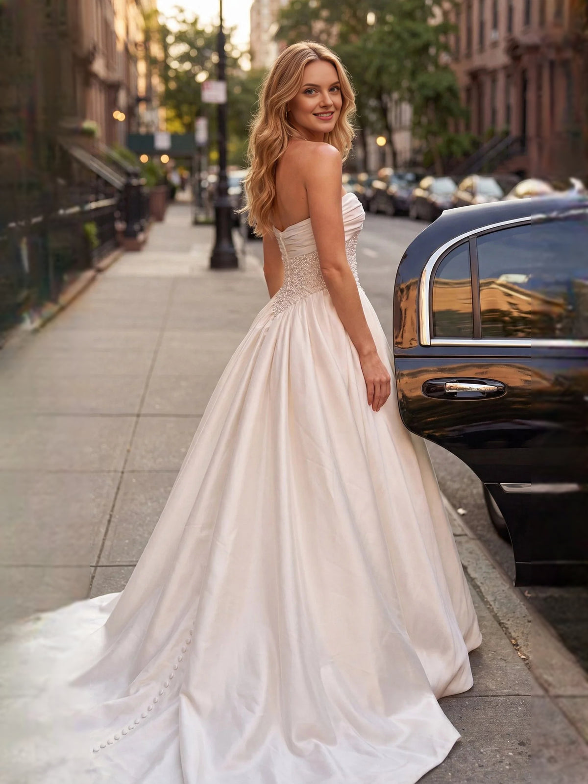 Ivory floor-length wedding dress, alternate view showing the dress shape and hem