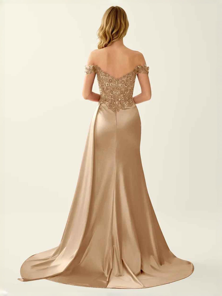 Champagne Gold floor-length prom dress, alternate view showing the dress shape and hem