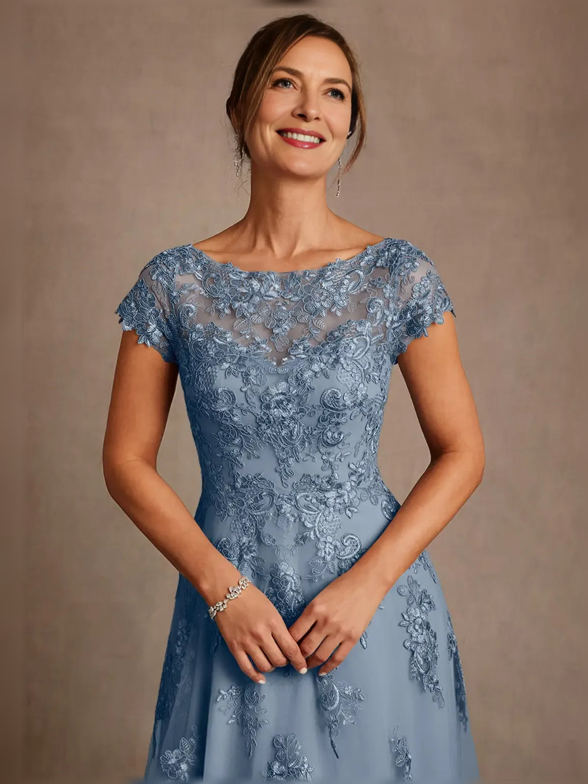 Slate Blue midi mother of the bride dress, alternate view showing the dress shape and hem