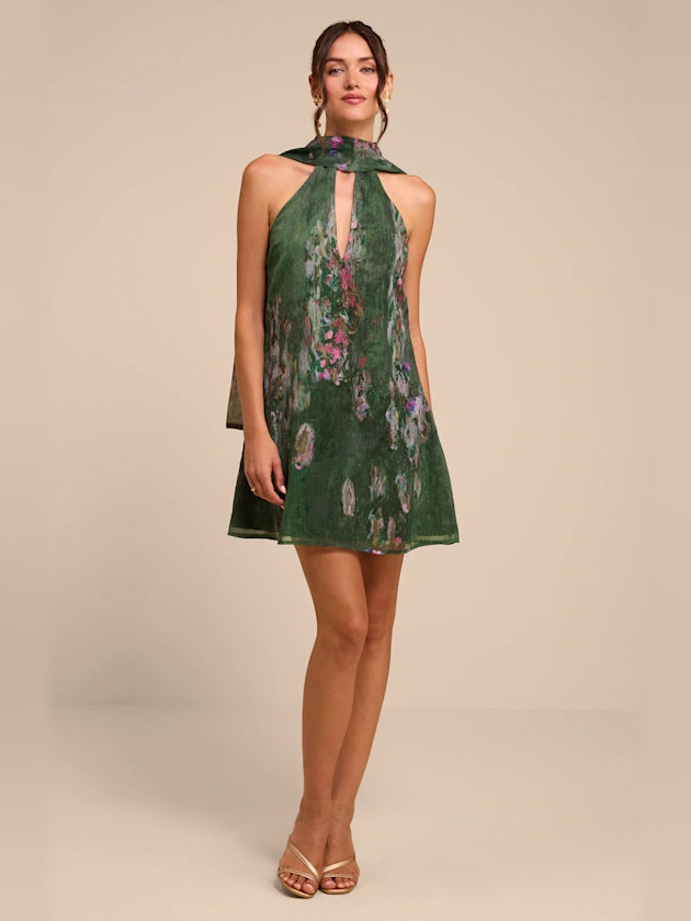 Green mini homecoming dress, alternate view showing the dress shape and hem