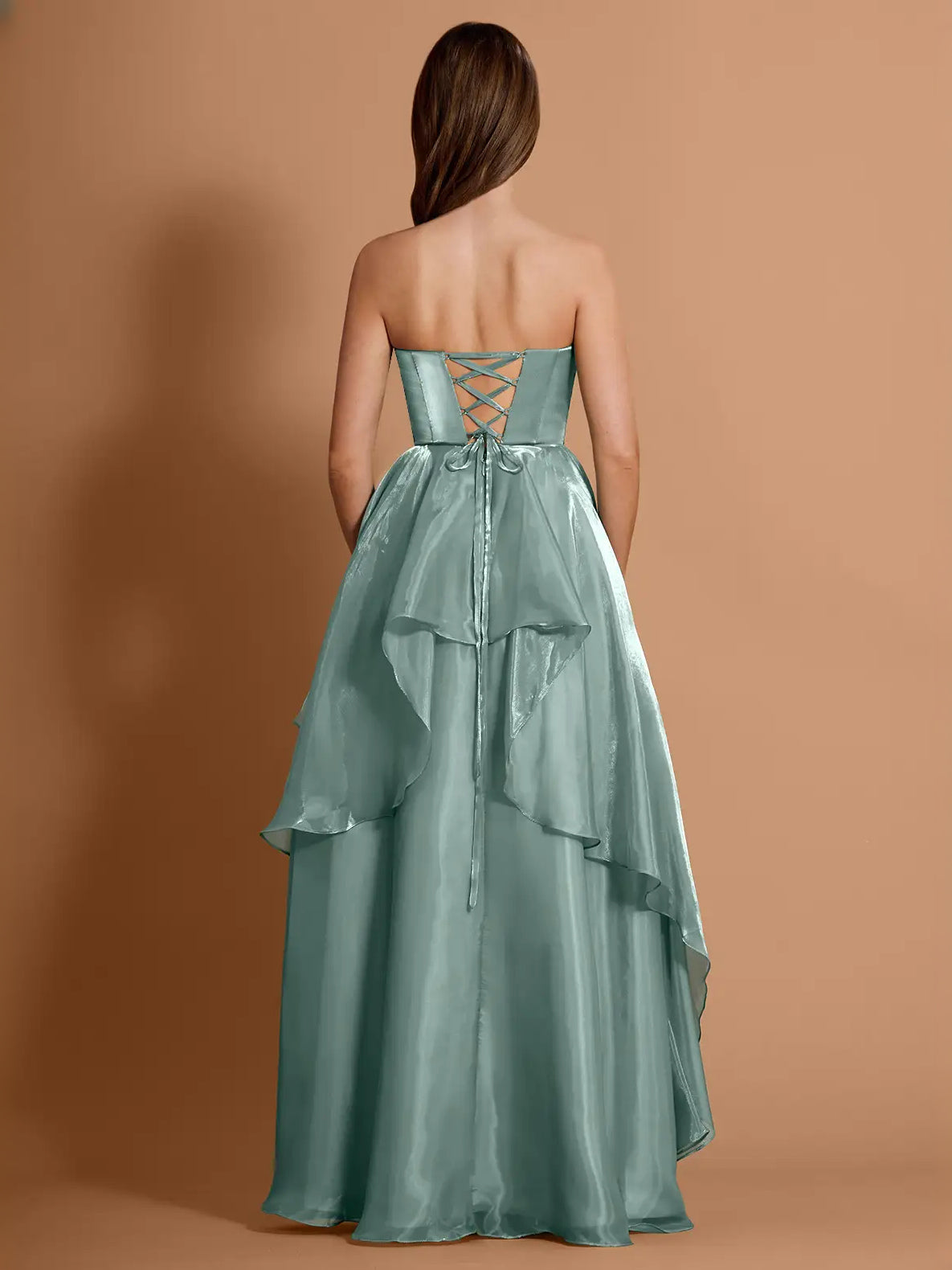Teal maxi prom dress, alternate view showing the dress shape and hem