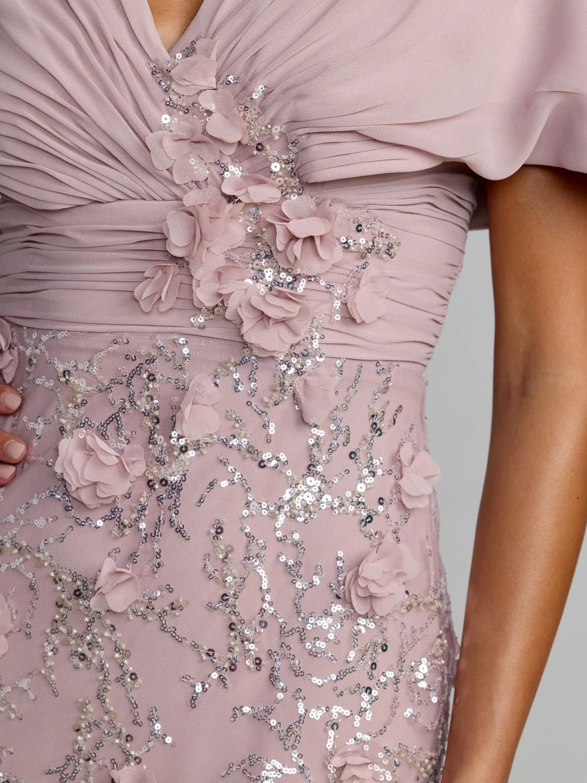 Pink floor-length mother of the bride dress, alternate view showing the dress shape and hem