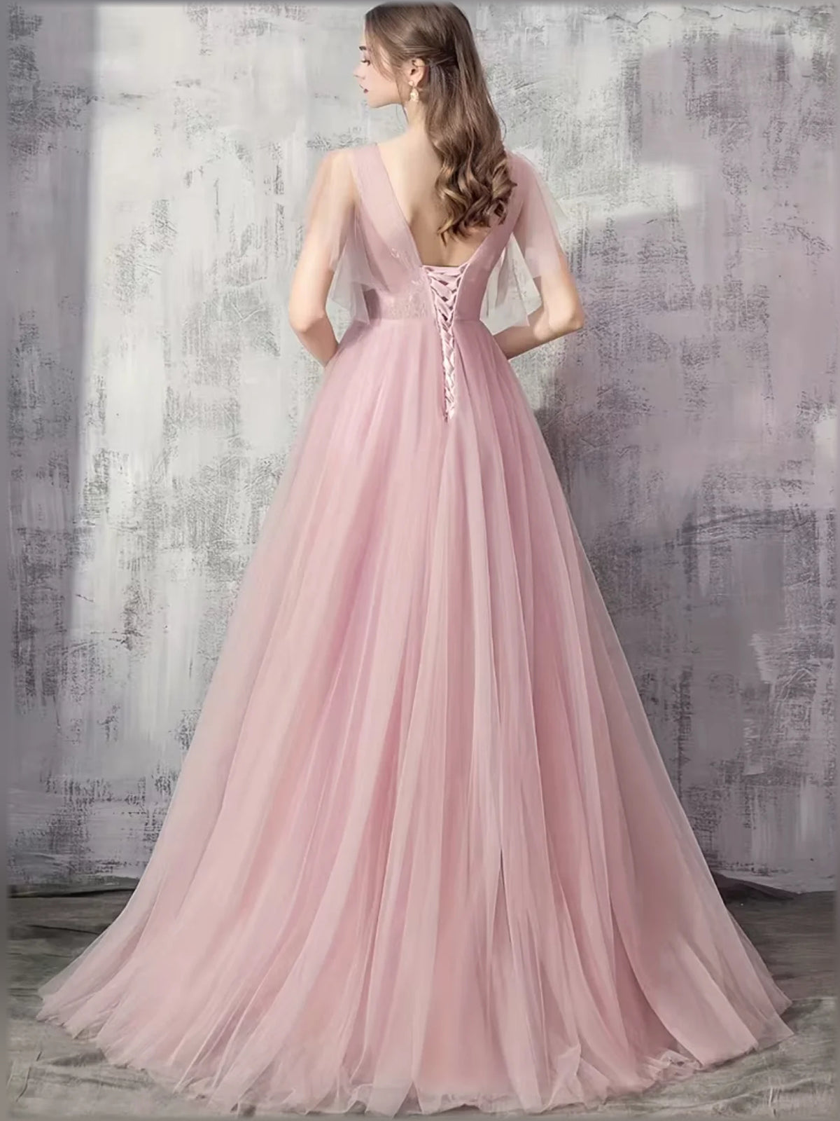 Blush Pink a-line floor-length formal dress with embroidery, alternate view