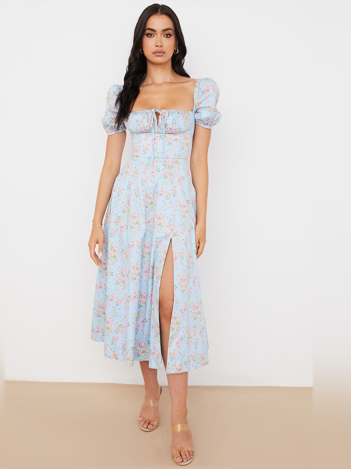 Floral midi formal dress with floral print, alternate view showing the bodice