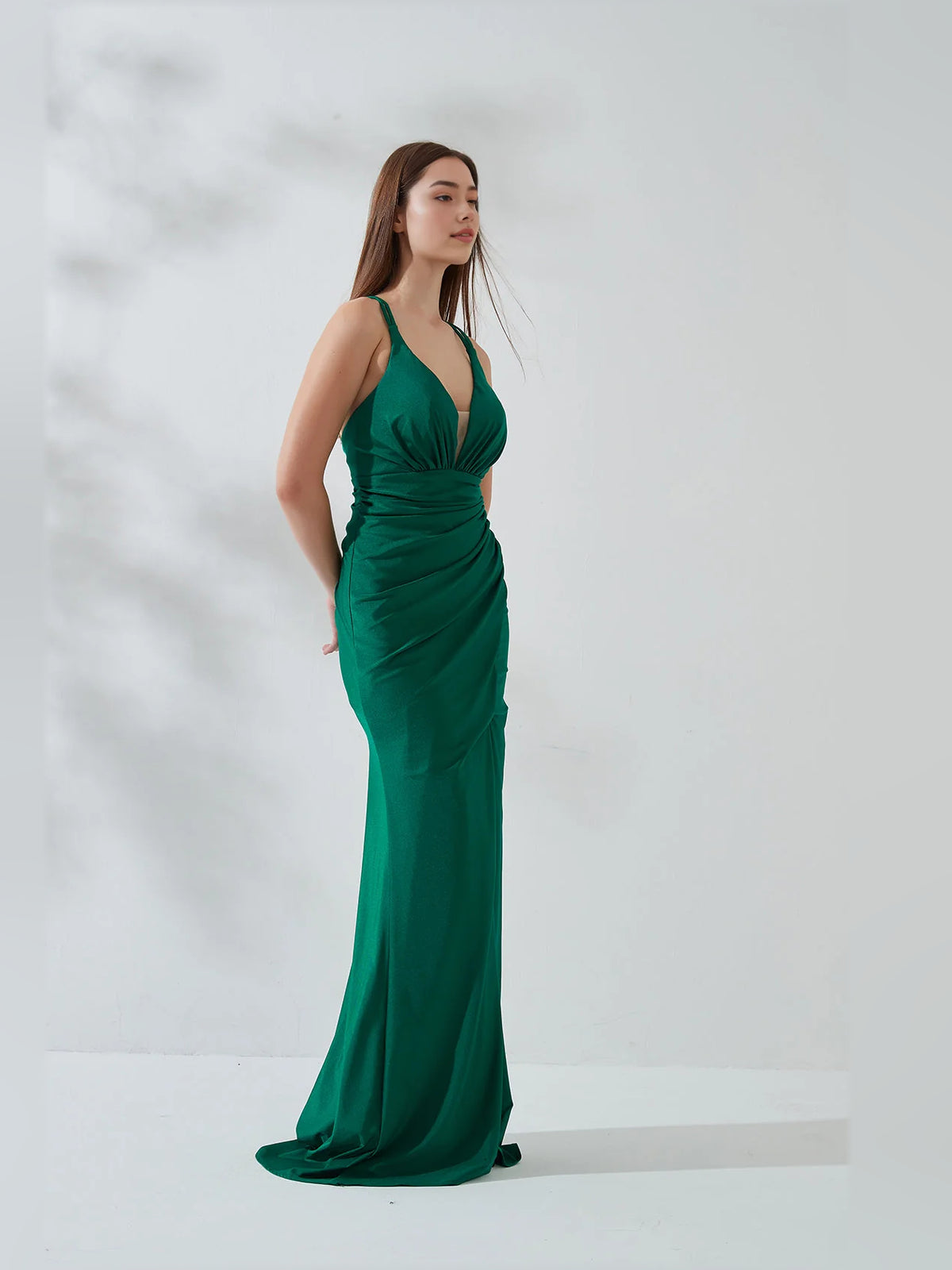 Dark Green mermaid floor-length formal dress with ruching, alternate view
