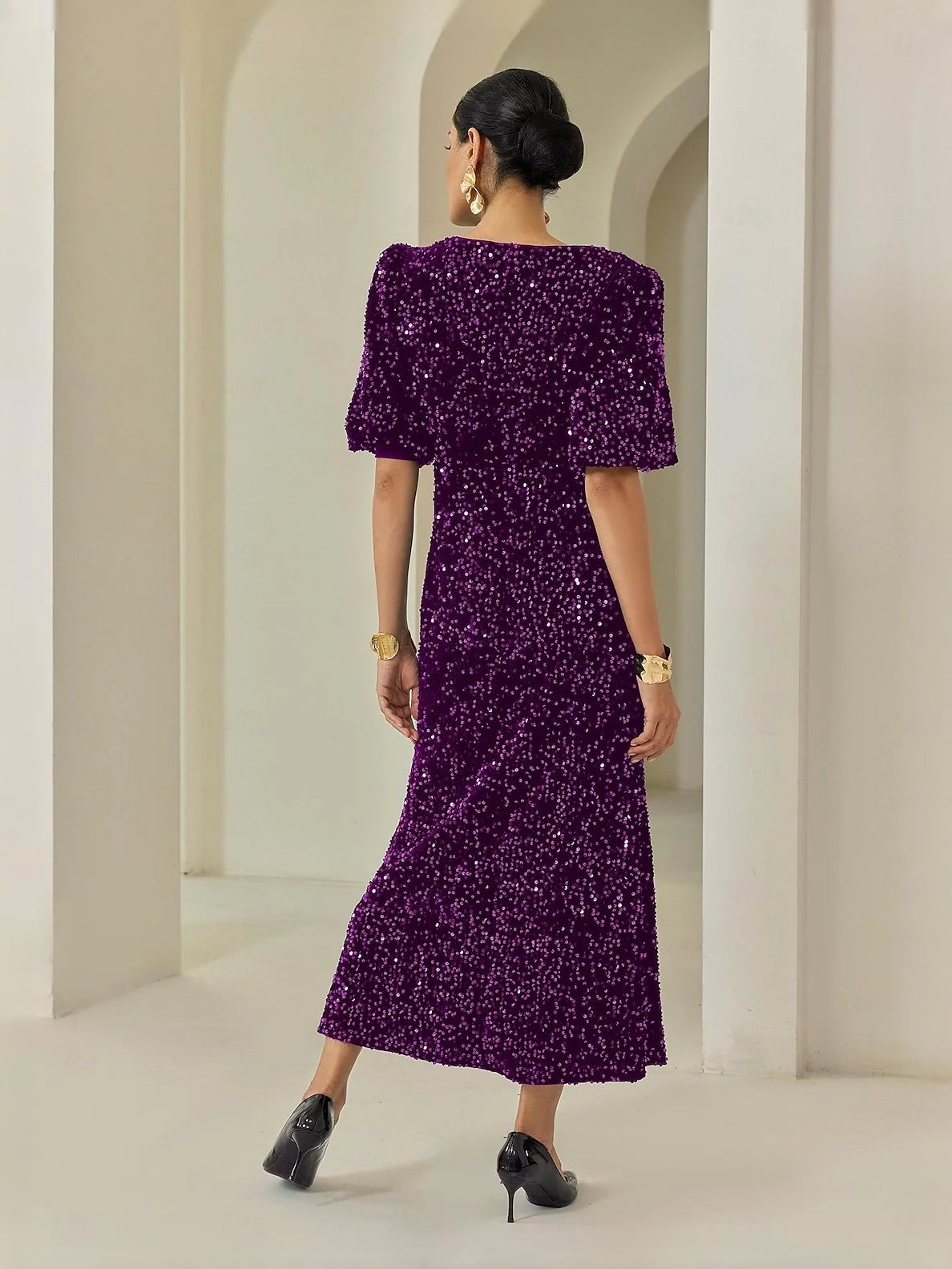 Deep Purple midi prom dress, alternate view showing the dress shape and hem