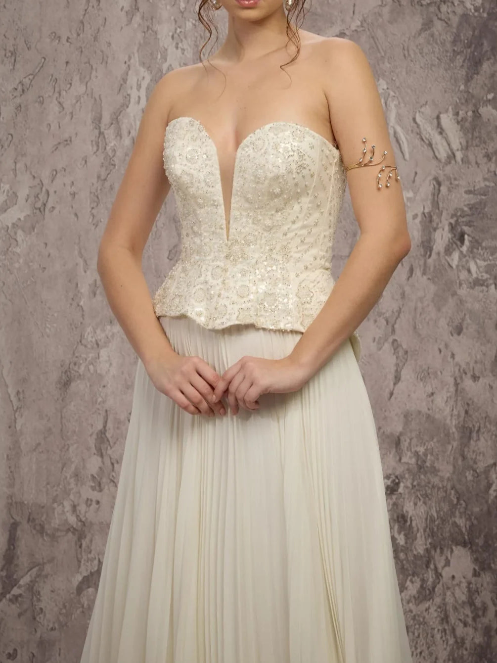 Cream Sweetheart Peplum Corset A-Line Floor-Length Formal Dress, product view