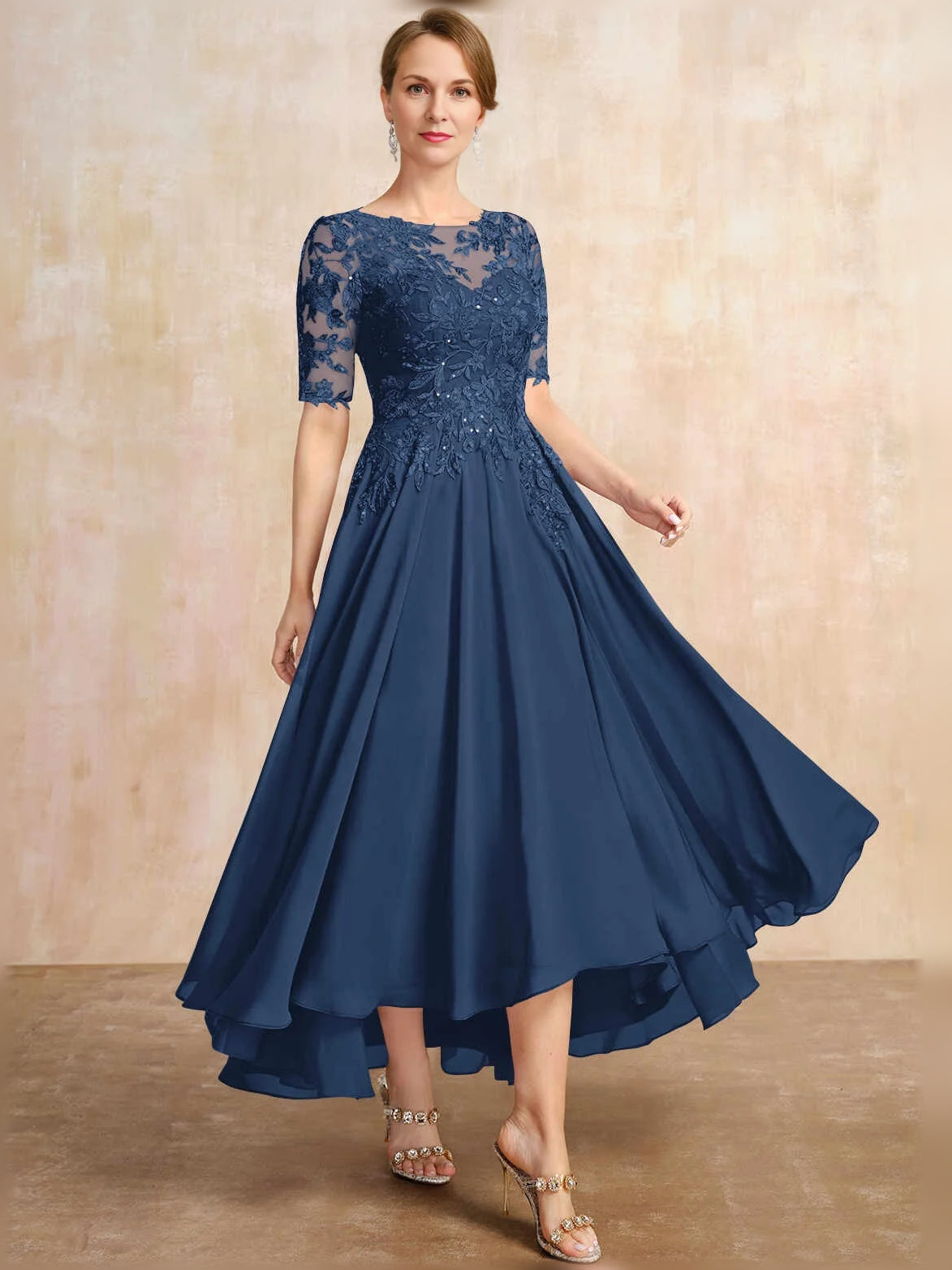 Dark Navy midi mother of the bride dress, alternate view showing the dress shape and hem