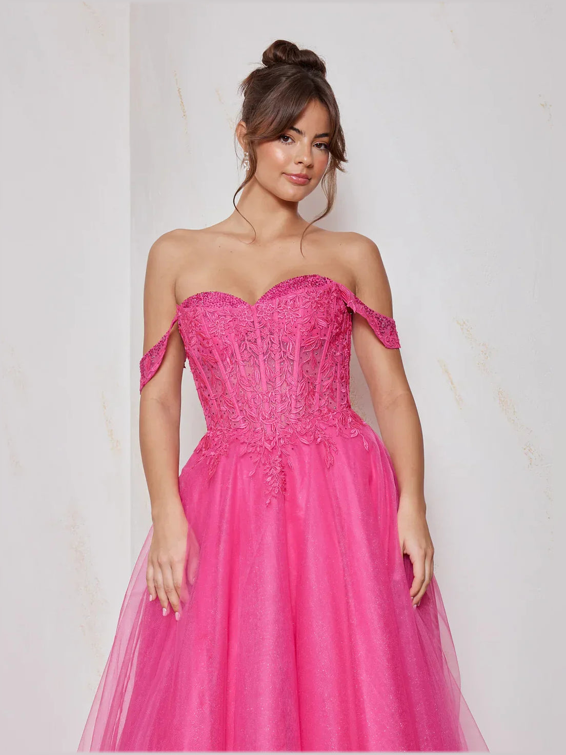 Fuchsia maxi prom dress, alternate view showing the dress shape and hem