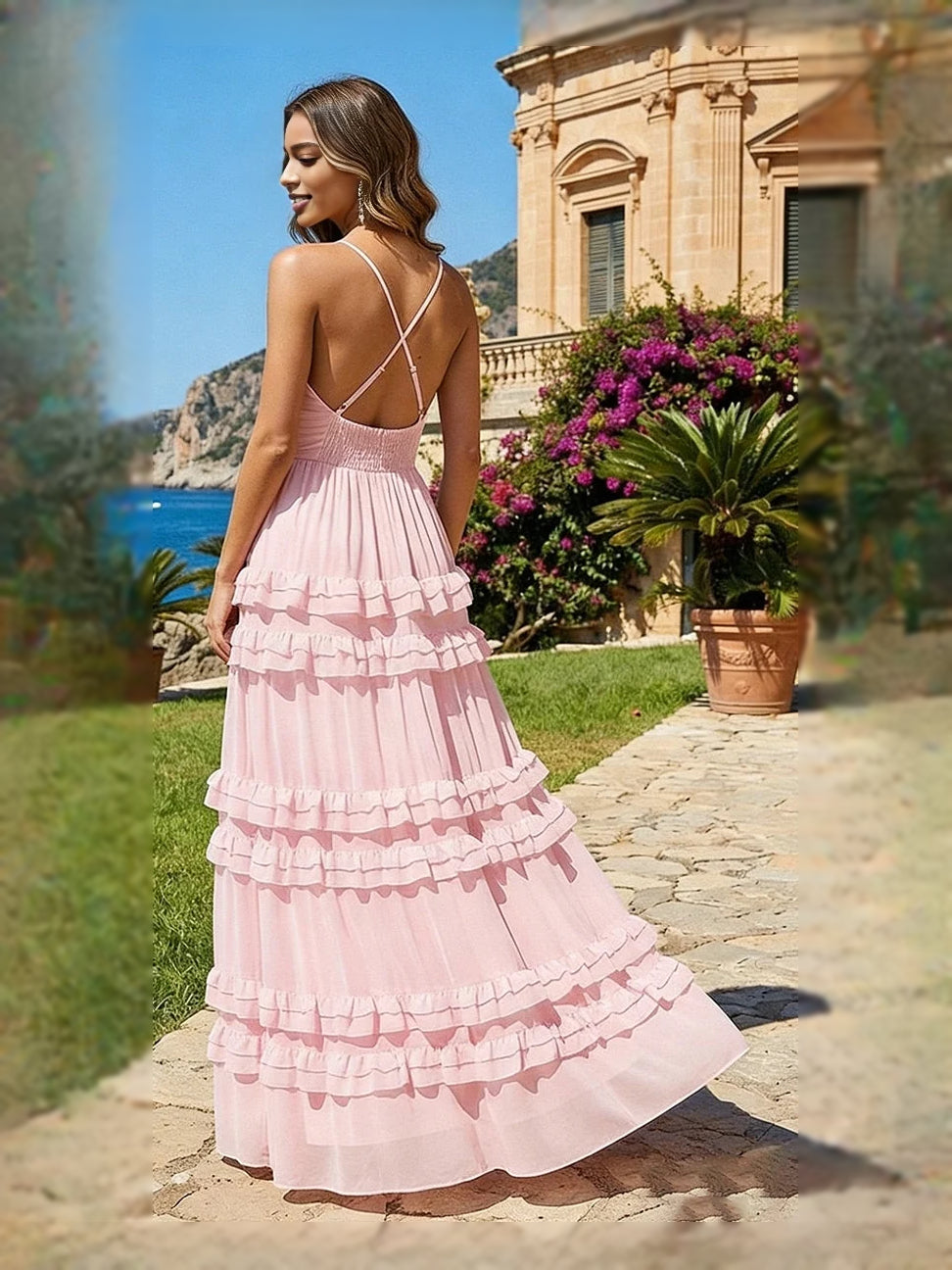 Hot Pink maxi bridesmaid dress, alternate view showing the dress shape and hem