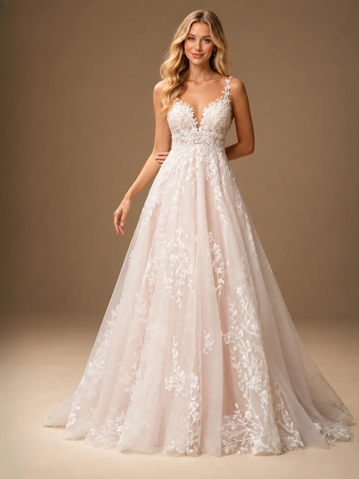Ivory floor-length wedding dress, alternate view showing the dress shape and hem