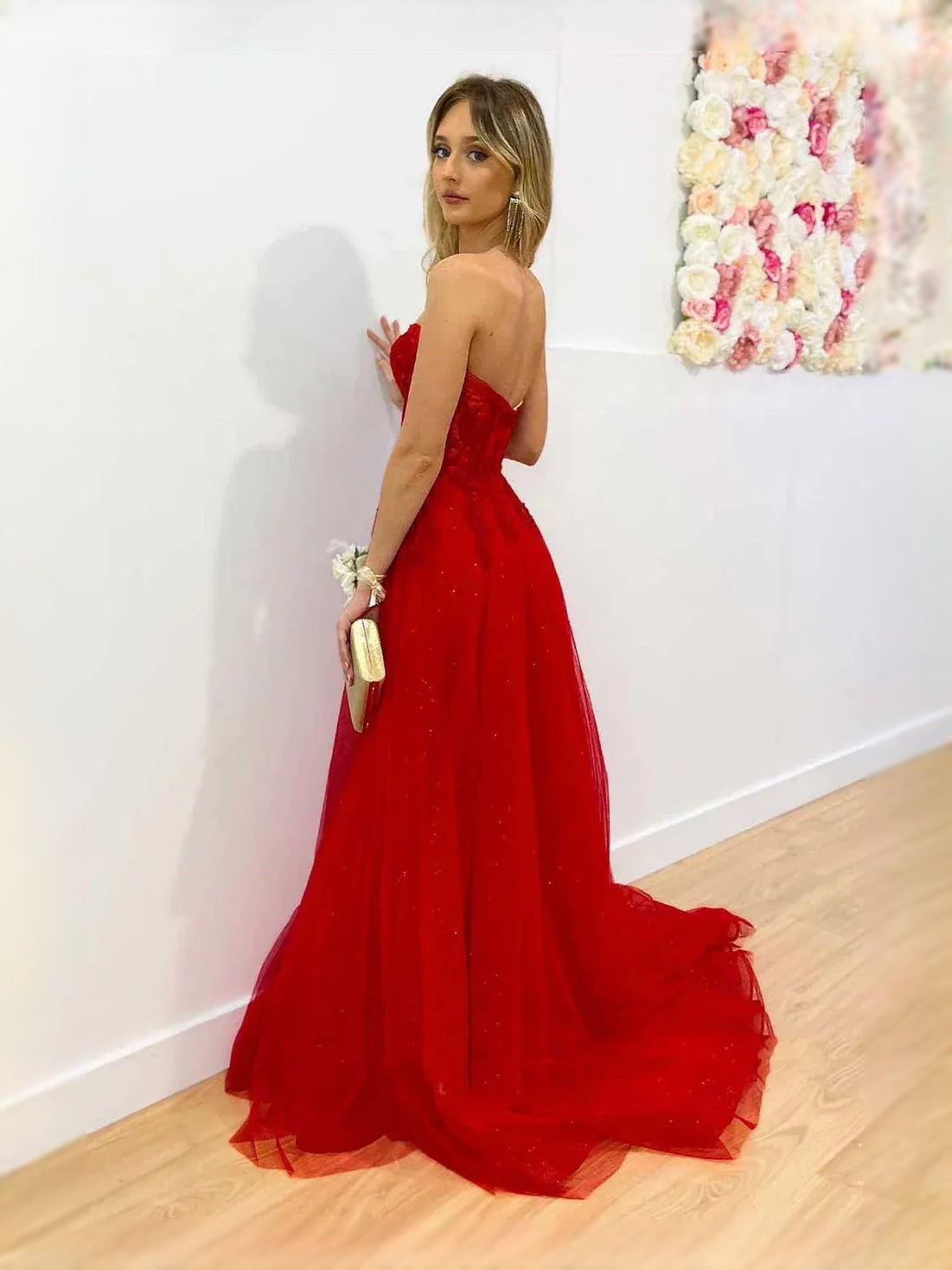 Red maxi prom dress, back view showing the rear of the dress from another angle