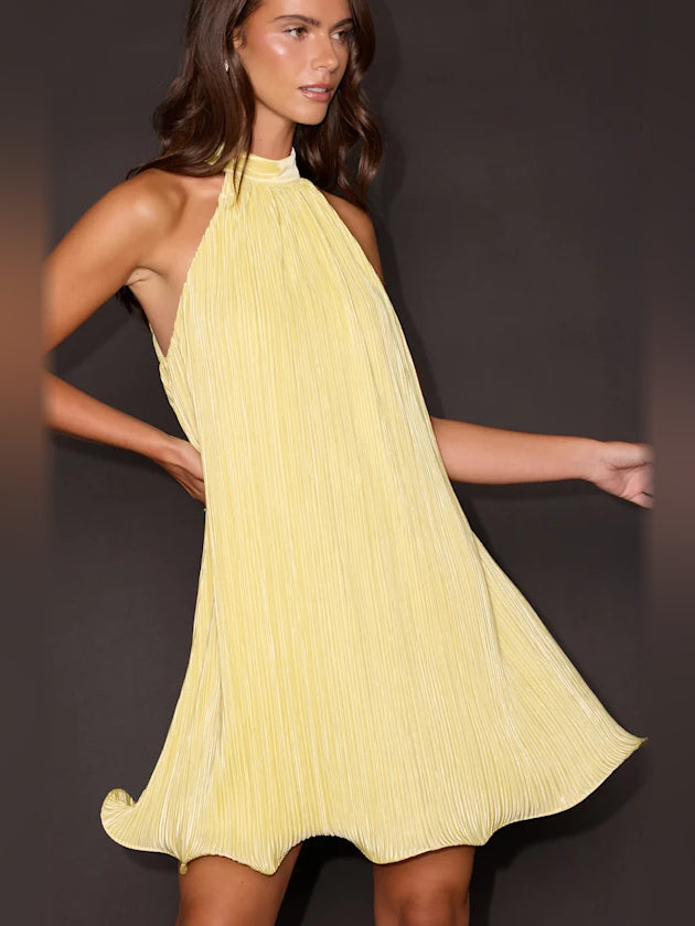 Light Yellow mini homecoming dress, alternate view showing the dress shape and hem