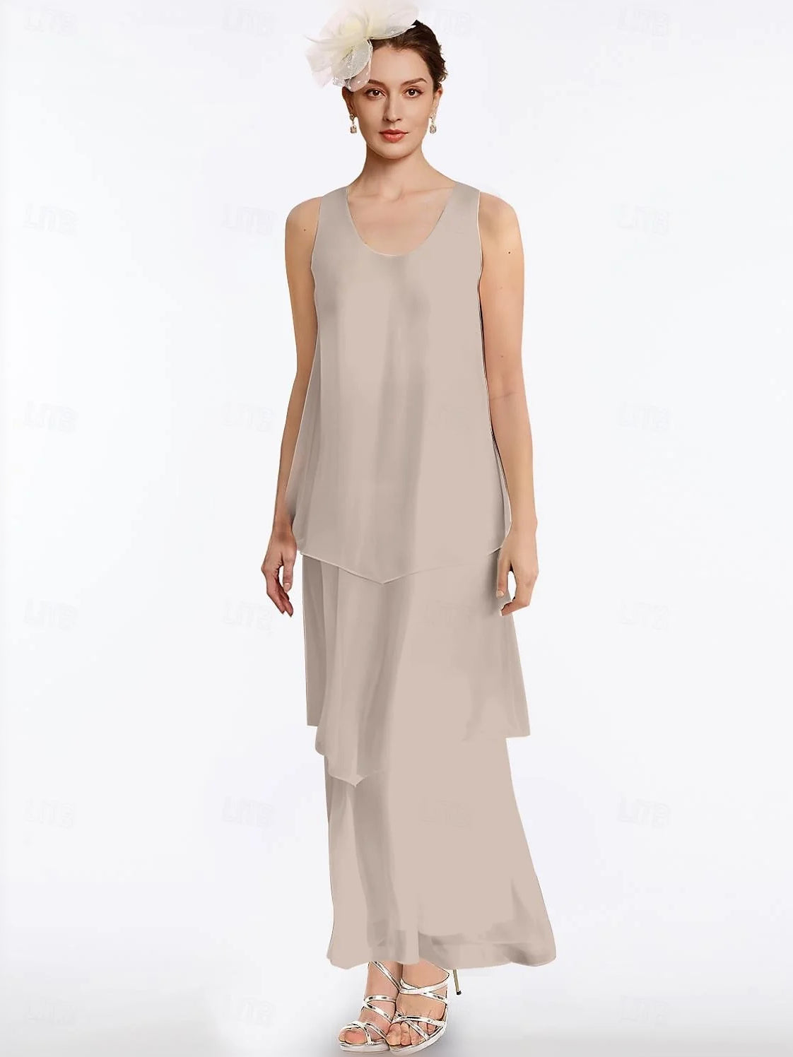 Khaki maxi mother of the bride dress, alternate view showing the dress shape and hem
