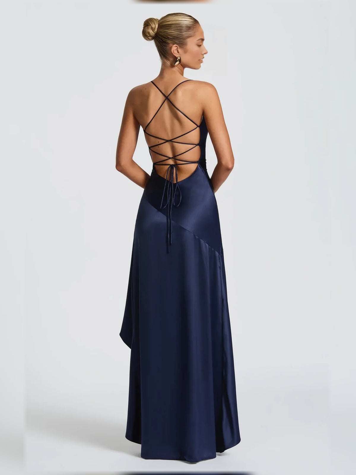 Navy Blue sheath floor-length formal dress with skirt slit, alternate view
