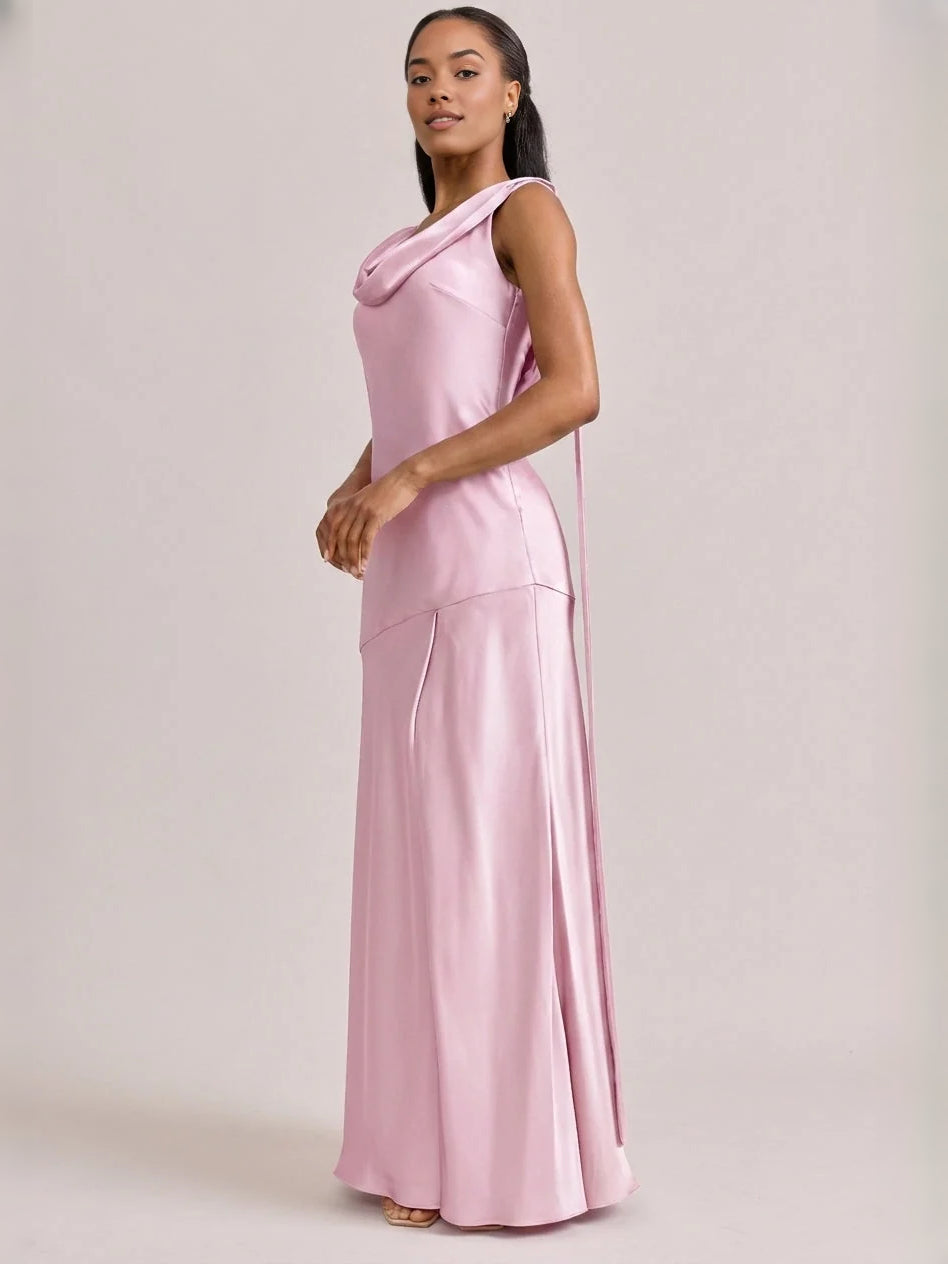 Pink maxi bridesmaid dress, alternate view showing the dress shape and hem