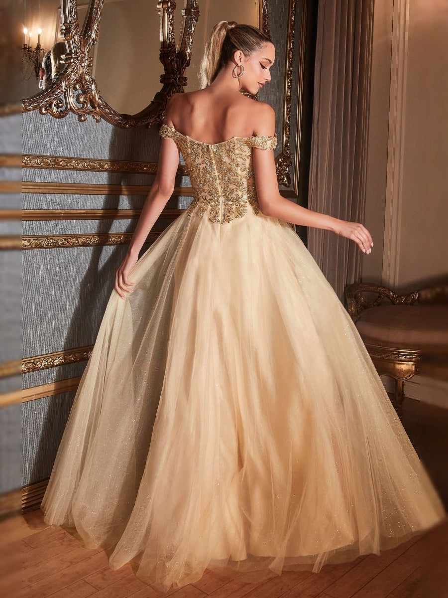 Champagne floor-length prom dress, alternate view showing the dress shape and hem
