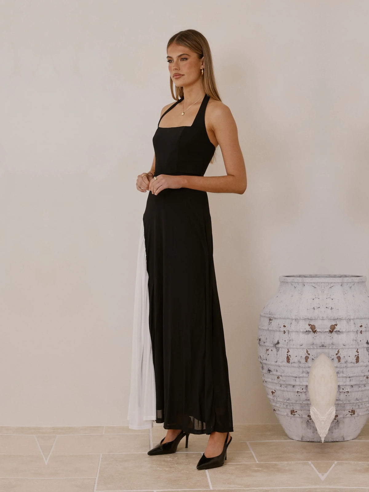 White sheath maxi formal dress with color-block panels, alternate view showing the bodice