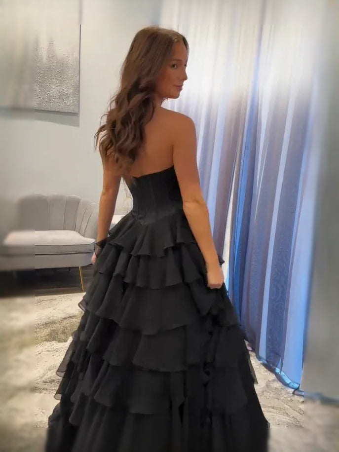 Black floor-length prom dress, alternate view showing the dress shape and hem
