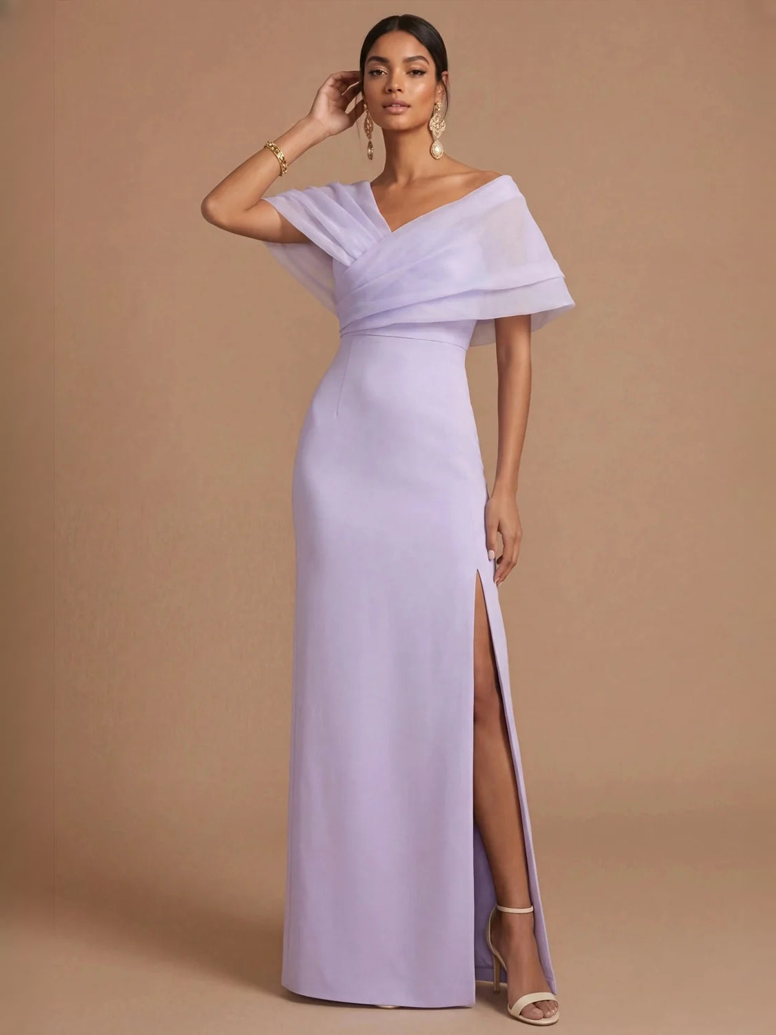 Lilac maxi bridesmaid dress, alternate view showing the dress shape and hem