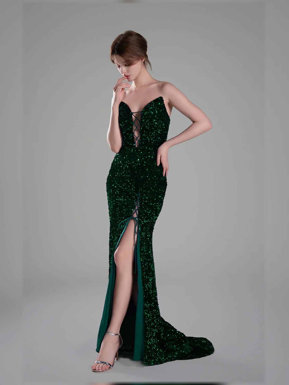 Dark Green mermaid floor-length formal dress with skirt slit, alternate view