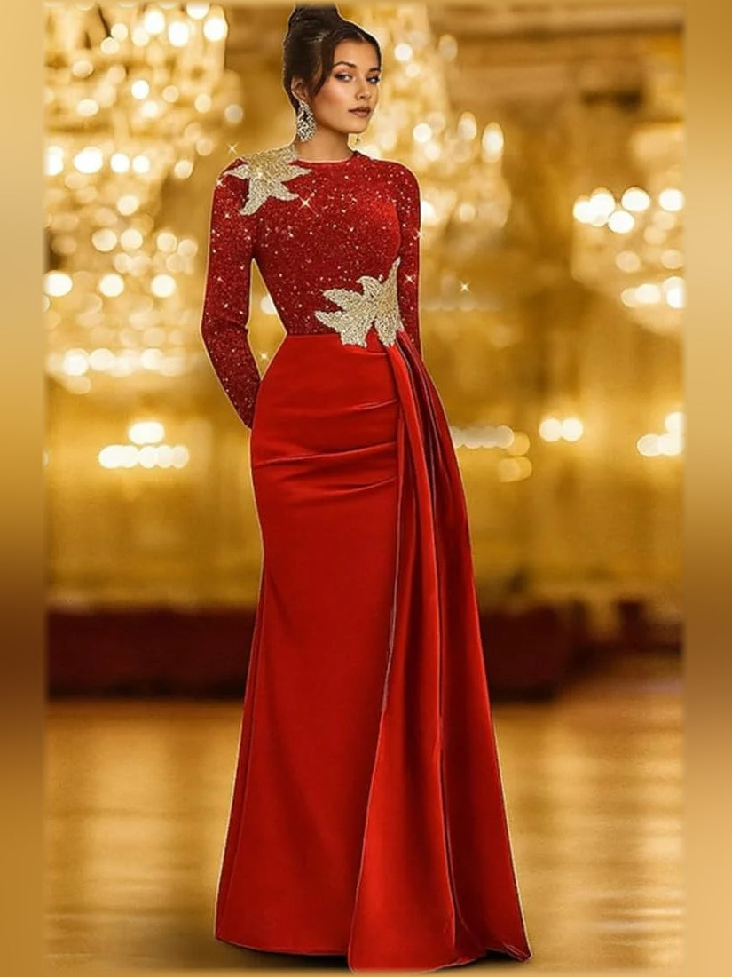 Red mermaid floor-length formal dress with sequins, alternate view