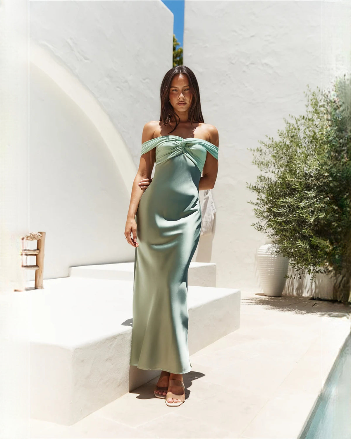 sleeveless satin a-line maxi bridesmaid dress - image 3