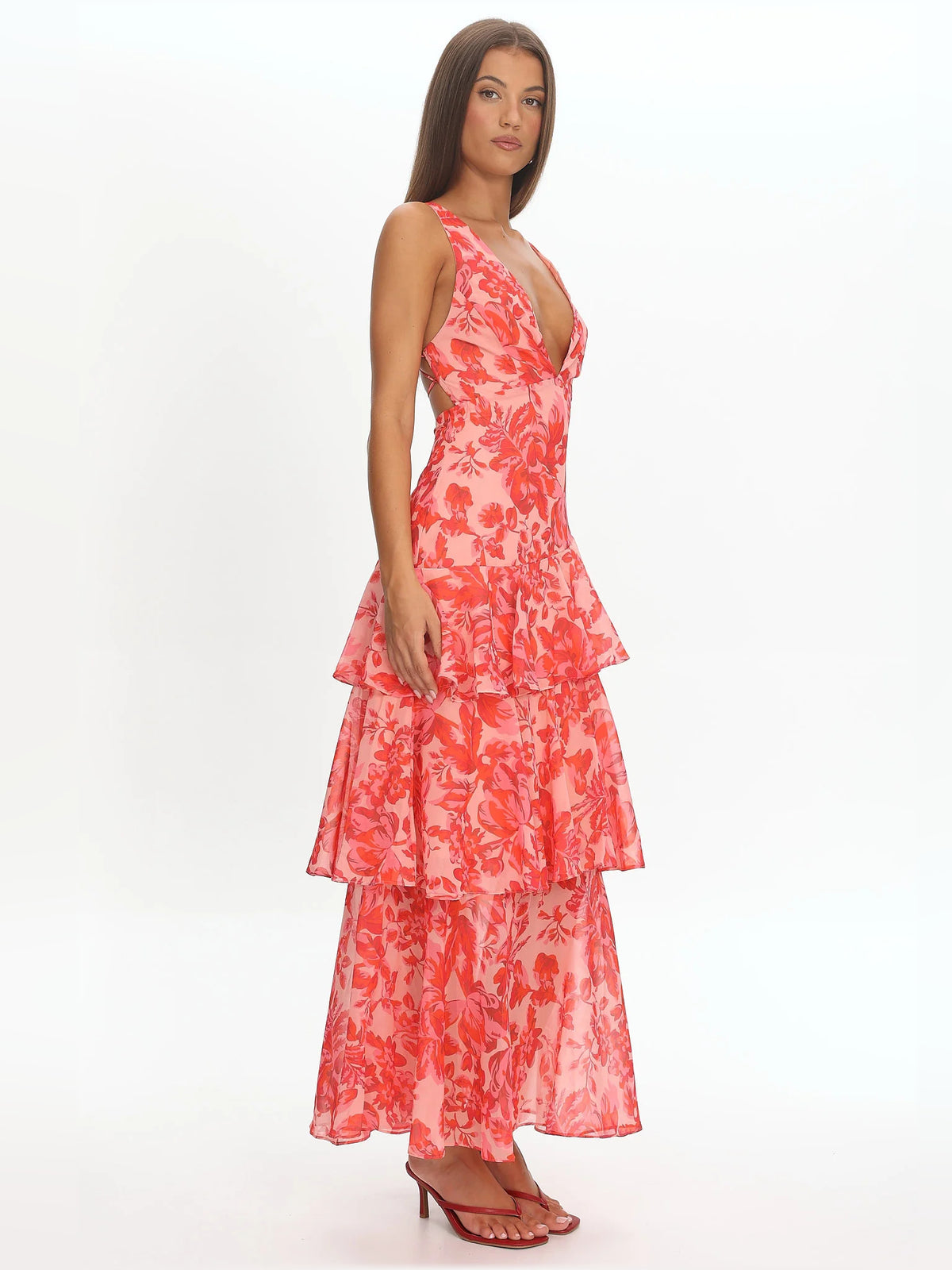 Red midi formal dress with floral print, alternate view