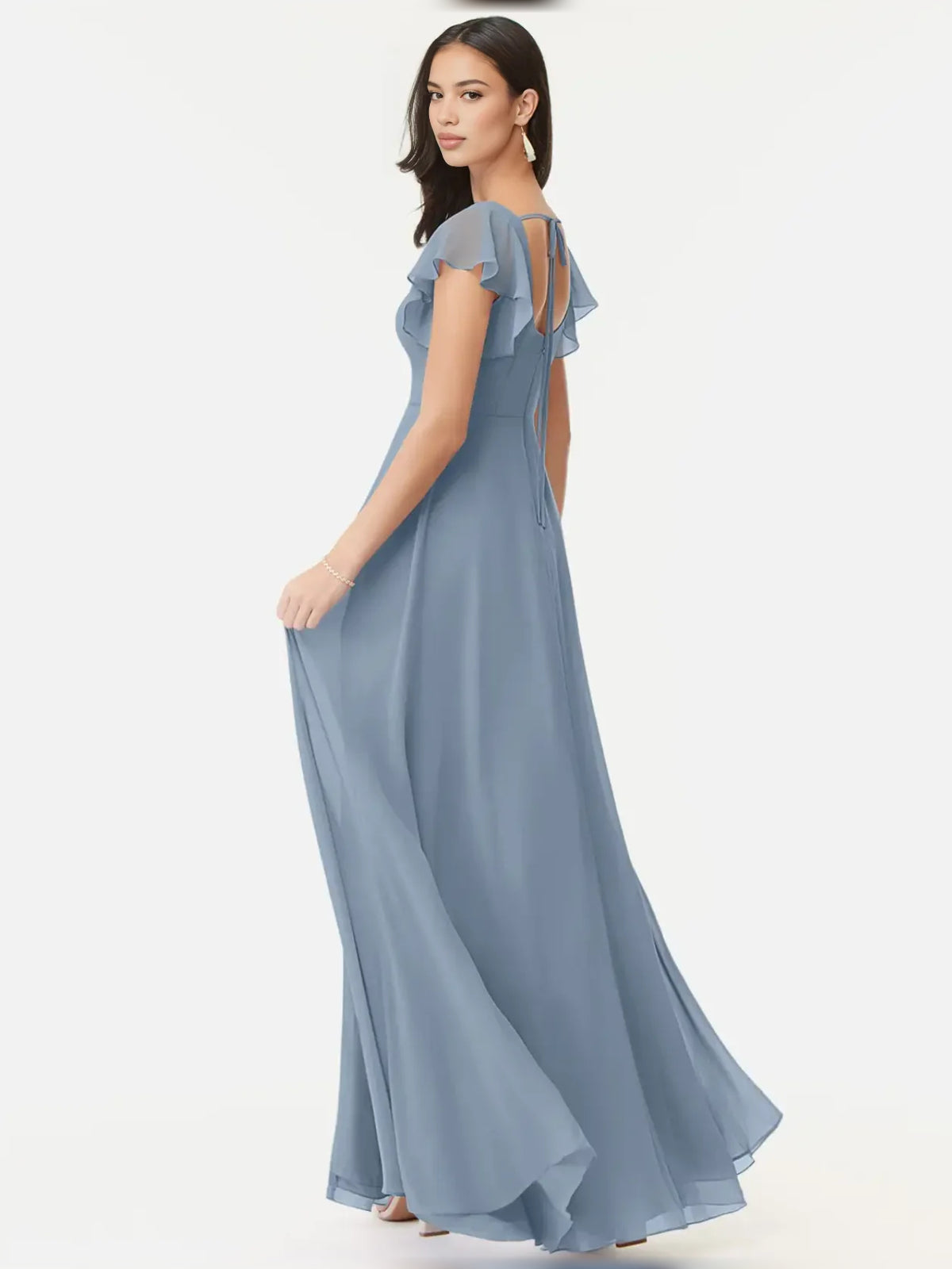 Burnt Orange maxi bridesmaid dress, alternate view showing the dress shape and hem