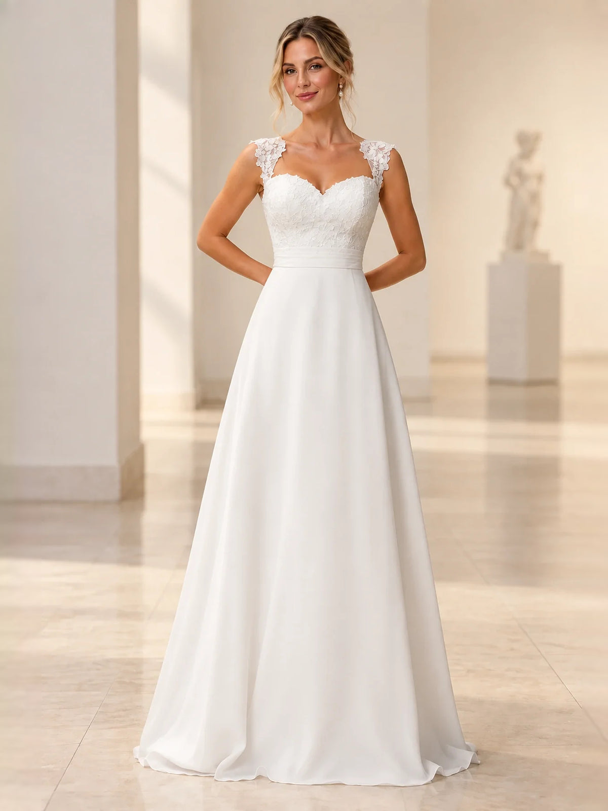 White floor-length wedding dress, alternate view showing the dress shape and hem