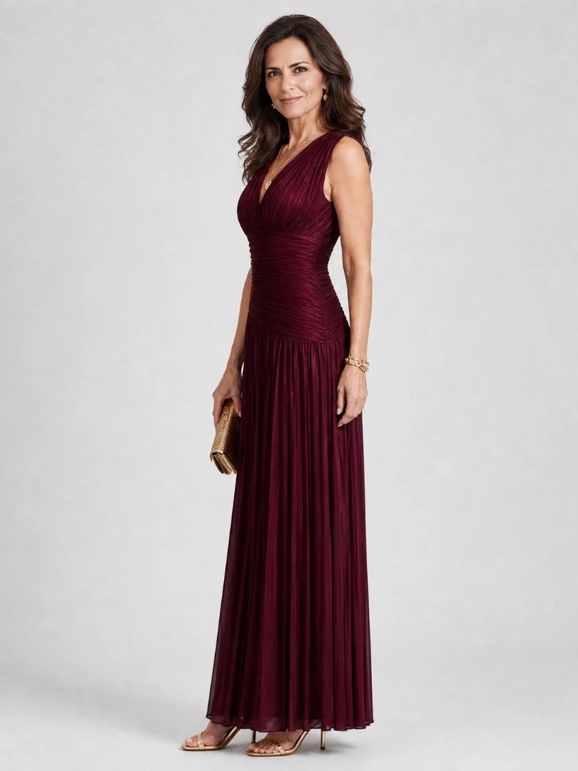 Burgundy maxi mother of the bride dress, alternate view showing the dress shape and hem