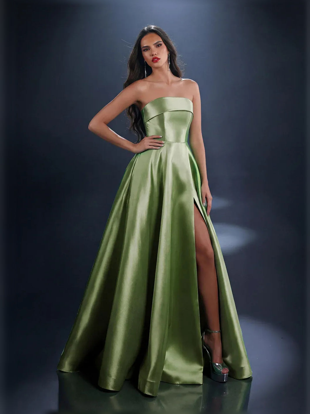 Dusty Sage a-line floor-length formal dress with skirt slit, alternate view