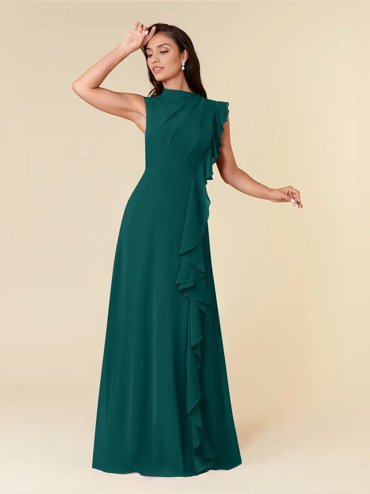 Peacock maxi bridesmaid dress, alternate view showing the dress shape and hem