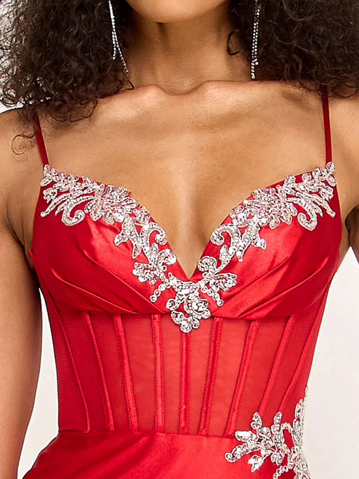 Red mermaid floor-length formal dress with corset-style bodice, alternate view