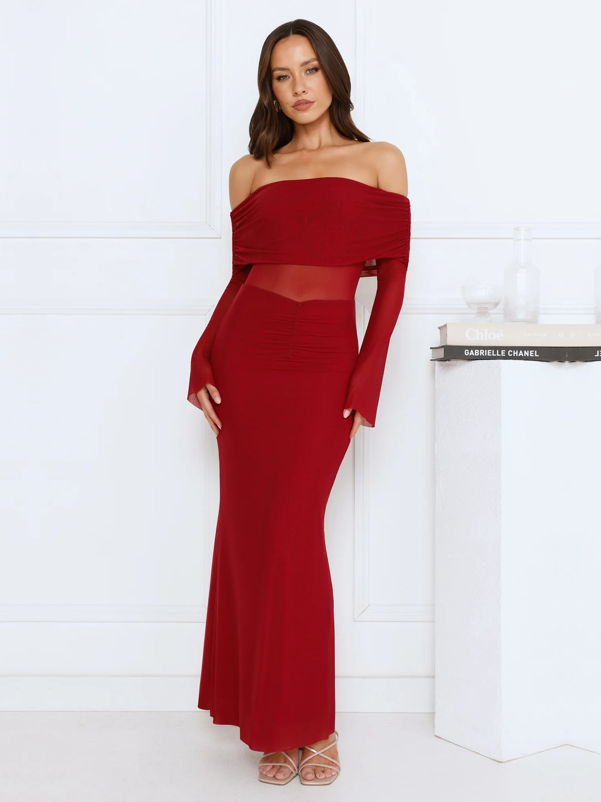 Burgundy sheath maxi formal dress with off-the-shoulder neckline, alternate view