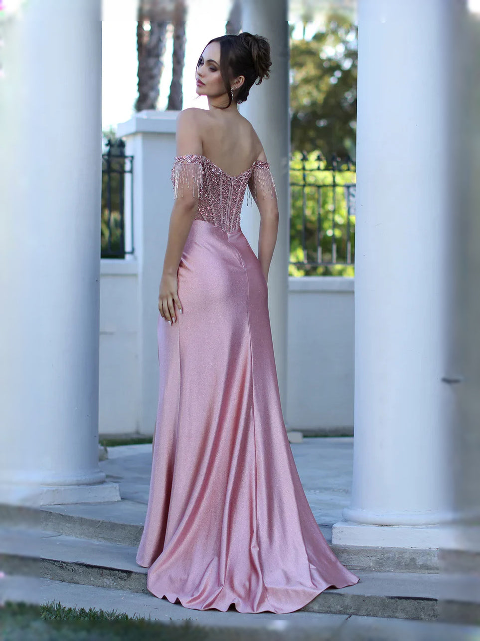 Rose Gold floor-length prom dress, alternate view showing the dress shape and hem