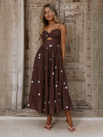 Chocolate midi formal dress with printed pattern, alternate view showing the bodice