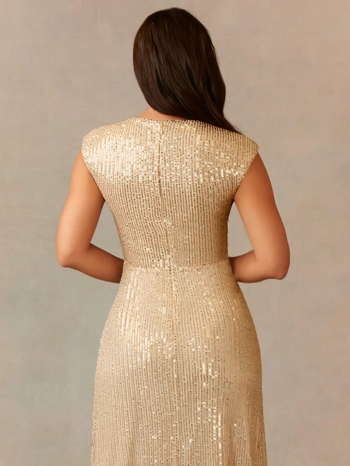Champagne column floor-length formal dress with ruching, alternate view